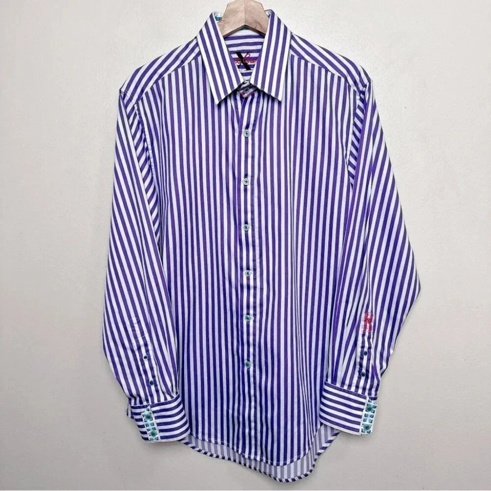 Robert Graham Mens Medium Striped Purple Button  Front Casual Long Sleeve Shirt
